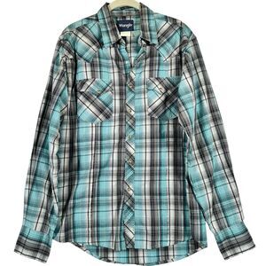 WRANGLER‎ Western Shirt with Pearl Snaps Aqua & Gray Plaid Long Sleeve Men's M
